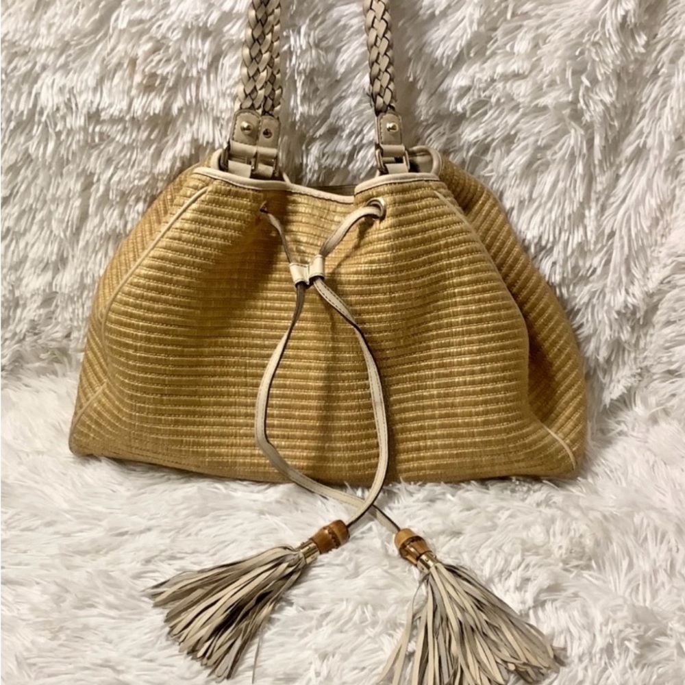 Gucci Bamboo Peggy Raffia Shoulder Bag Straw Braided Strap Neutral Tote Purse